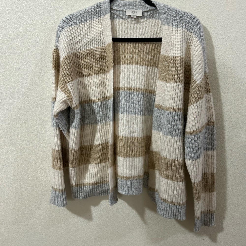 LOFT Women's Cozy Striped Cardigan - Gray, Cream, Tan